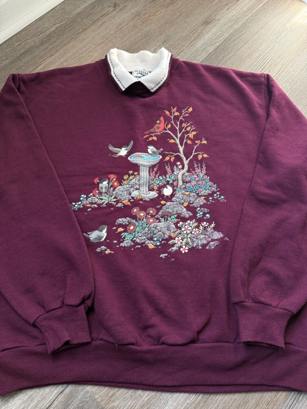 VTG JERZEES Grandma Bird Sweater Retro Cottage Core Burgundy White Size L - Picture 2 of 8